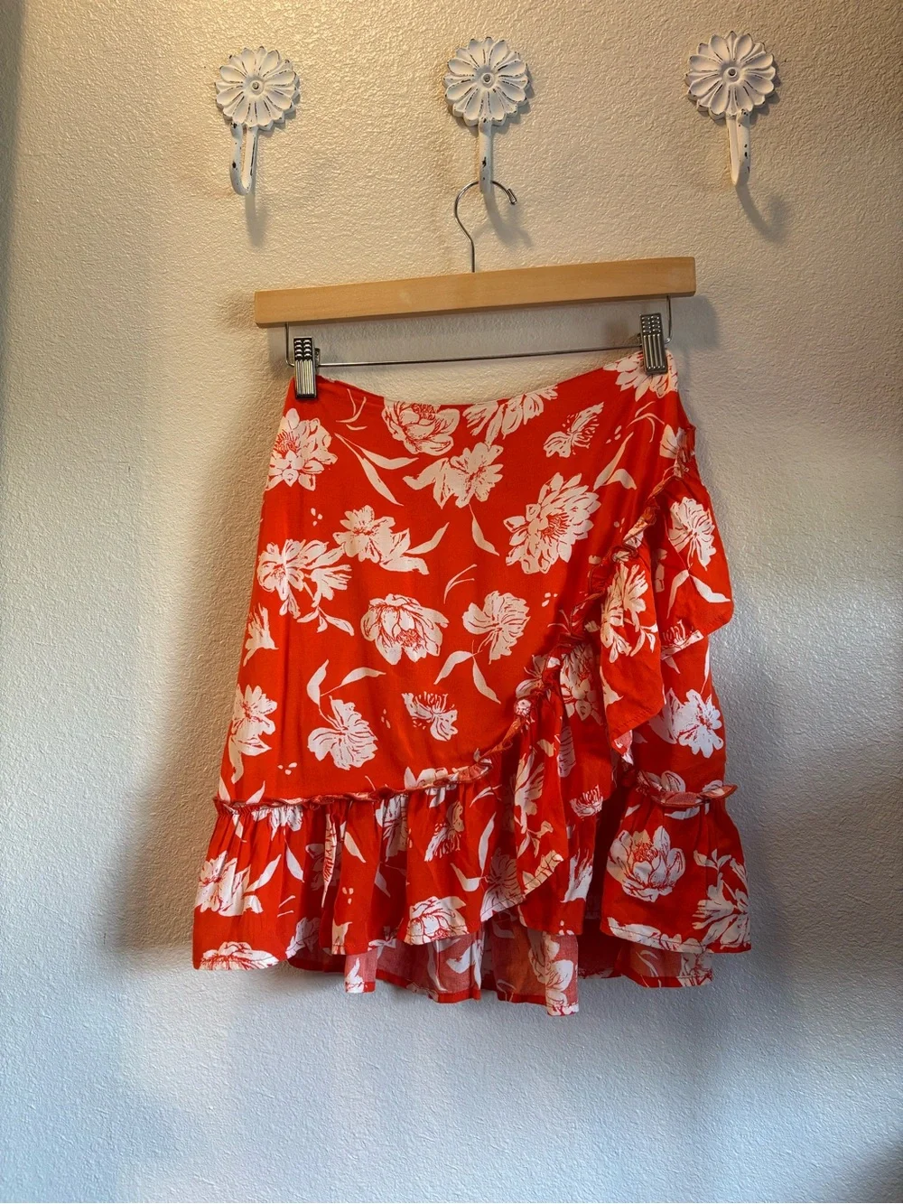 Free People Red Floral Ruffle Mini Skirt